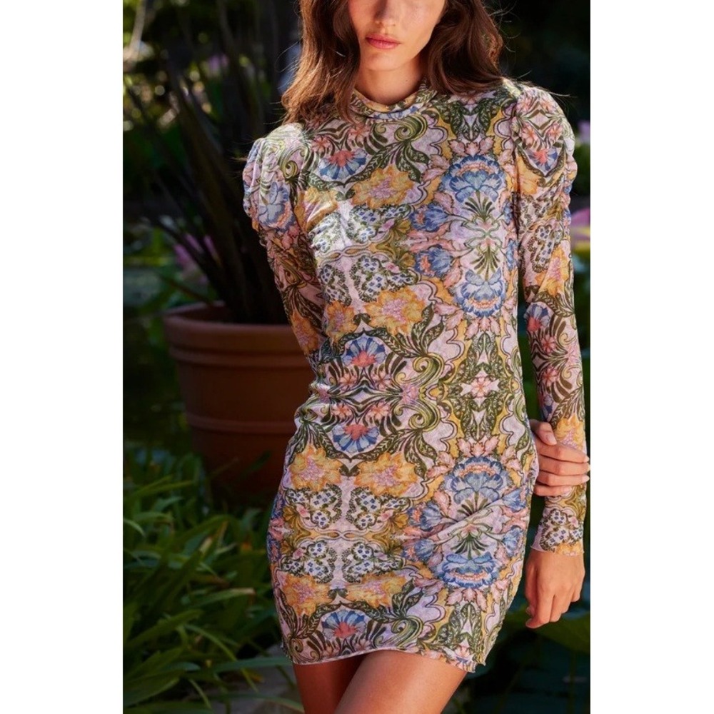 NEW Misa Bodycon Mini Dress Floral Mesh Lined Long Sleeve Kaleidoscope XL‎